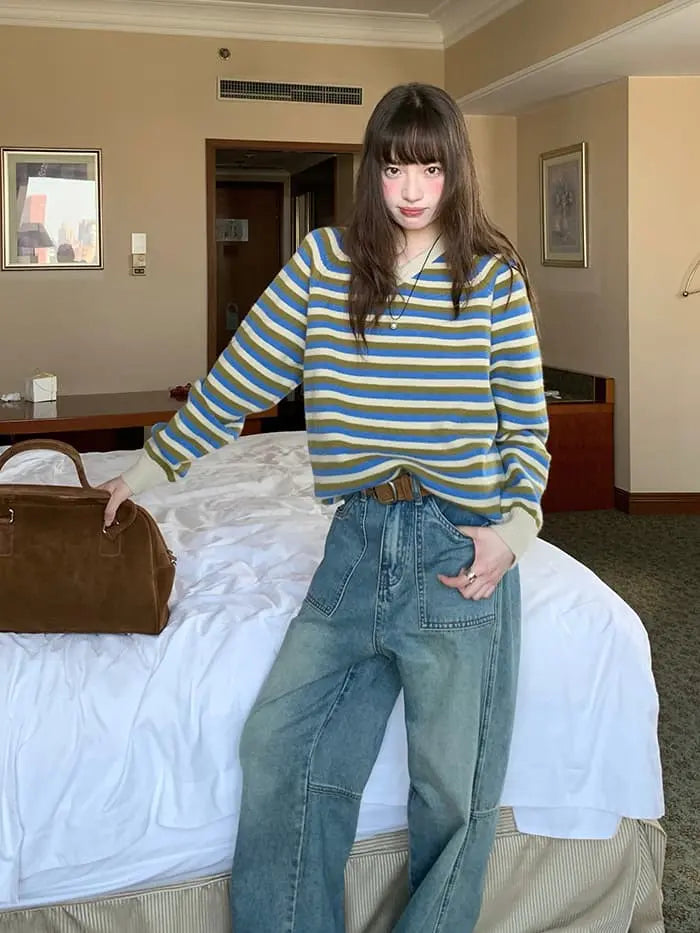 ボーダー配色 Vネック セーター LUMIYUMI