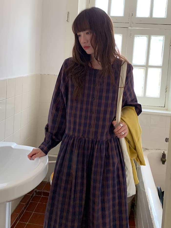 ゆったり Aライン 長袖 チェックワンピース LUMIYUMI