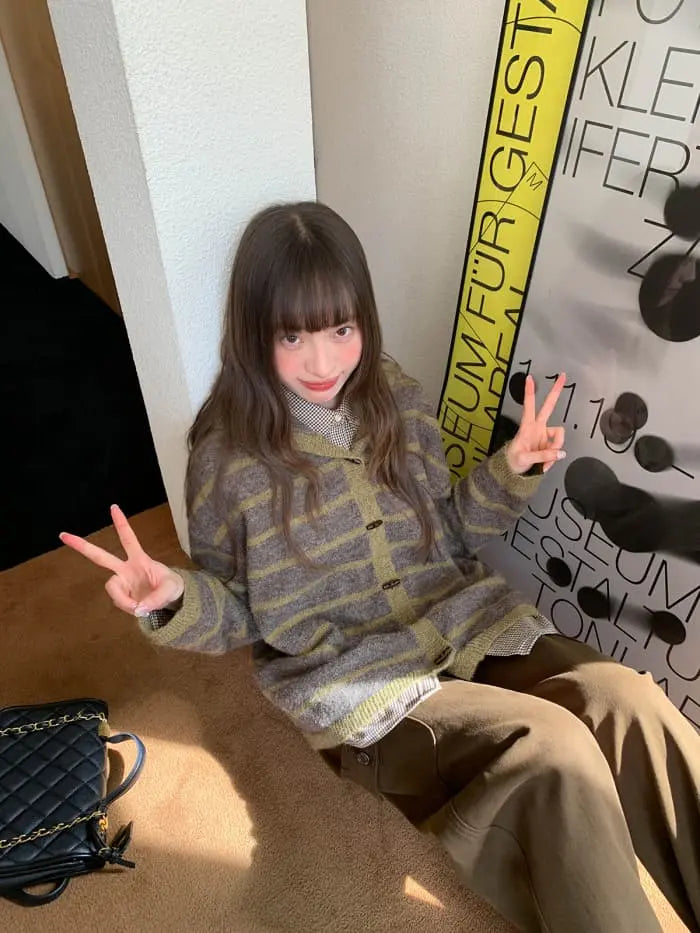 ゆったり フード付き ボーダー ニットカーディガン LUMIYUMI