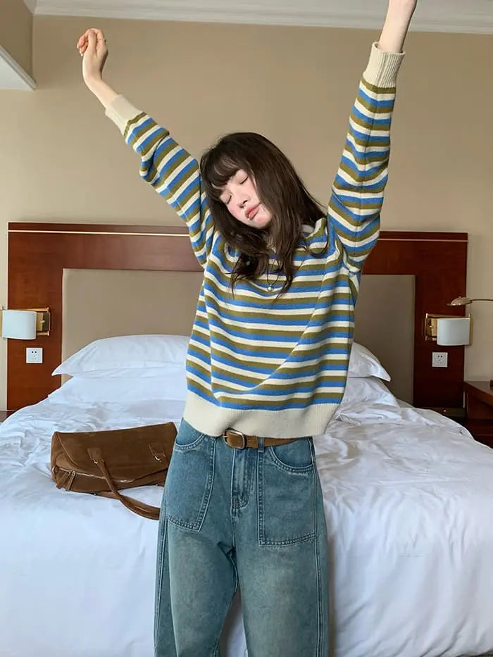 ボーダー配色 Vネック セーター LUMIYUMI