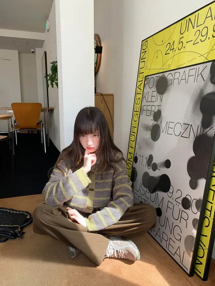 ゆったり フード付き ボーダー ニットカーディガン LUMIYUMI