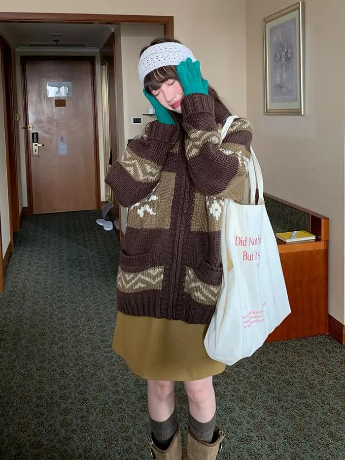 雪柄 ジャカード ZIP カーディガン LUMIYUMI