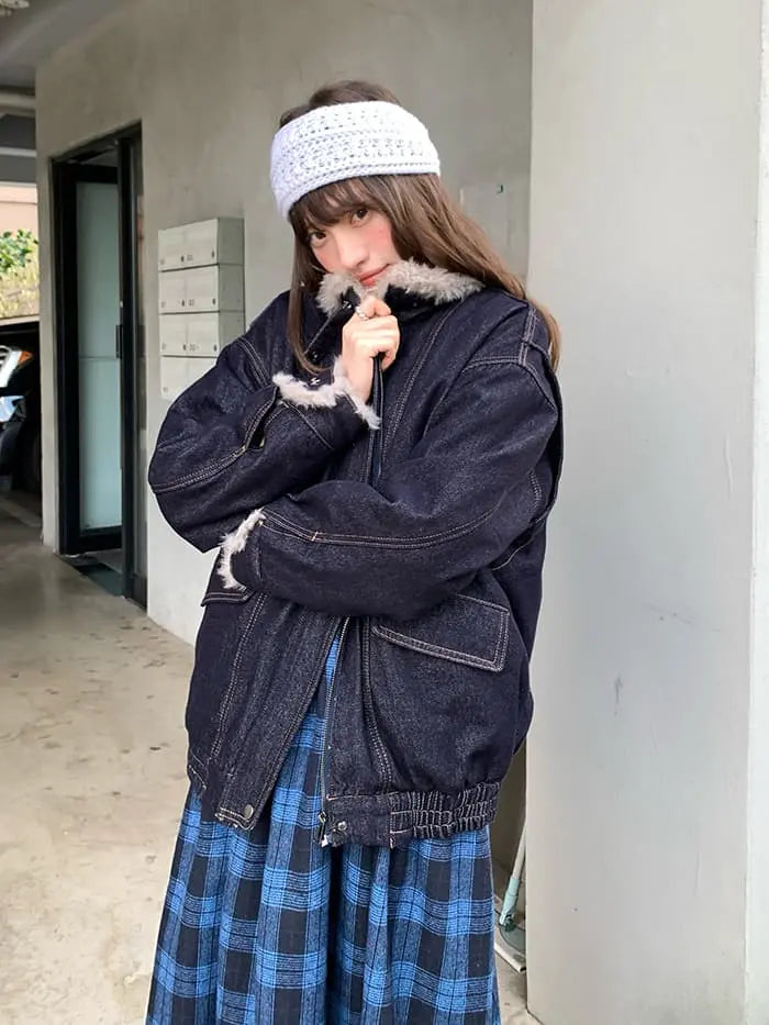 ファー襟 中綿入り デニムブルゾン LUMIYUMI