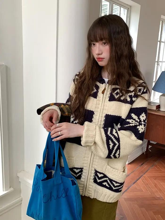 雪柄 ジャカード ZIP カーディガン LUMIYUMI