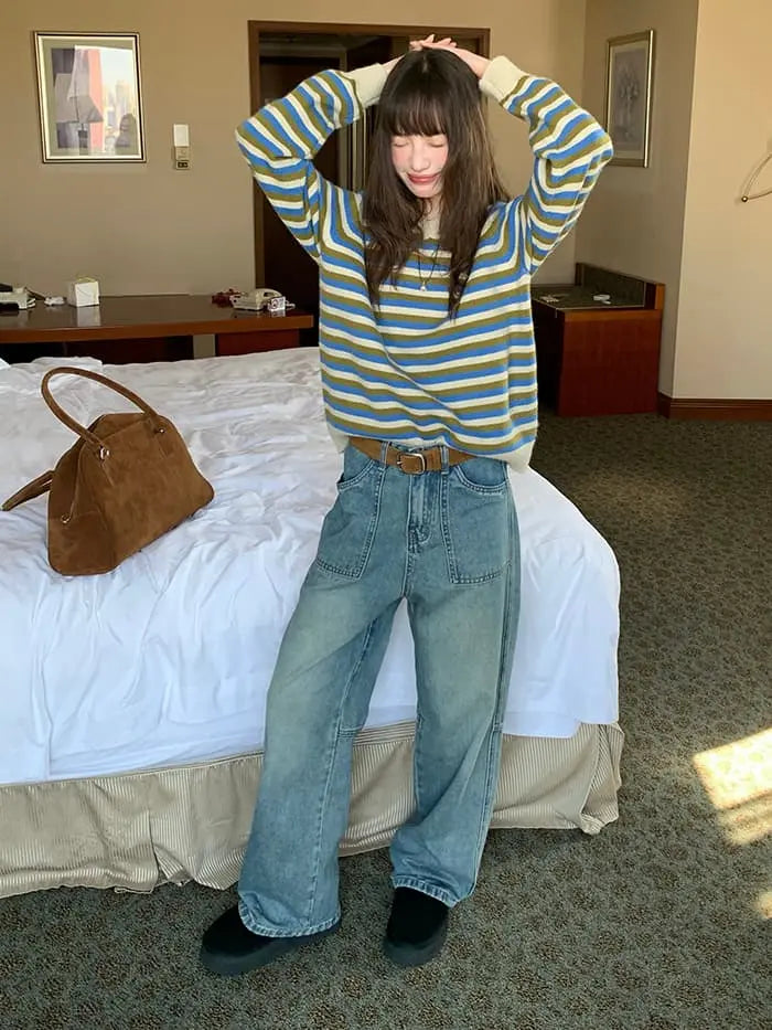 ボーダー配色 Vネック セーター LUMIYUMI