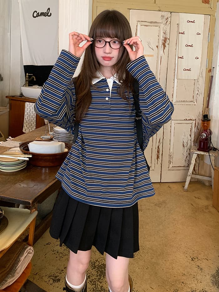 ボーダー柄 ポロ襟 長袖 Tシャツ LUMIYUMI