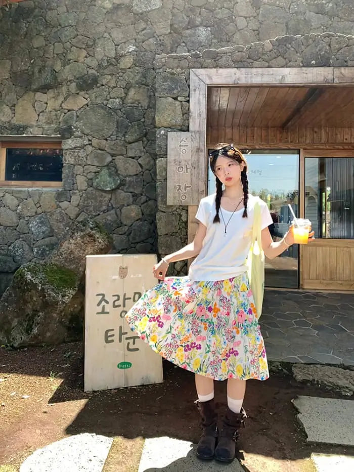 水彩風 花柄プリント フレアスカート LUMIYUMI