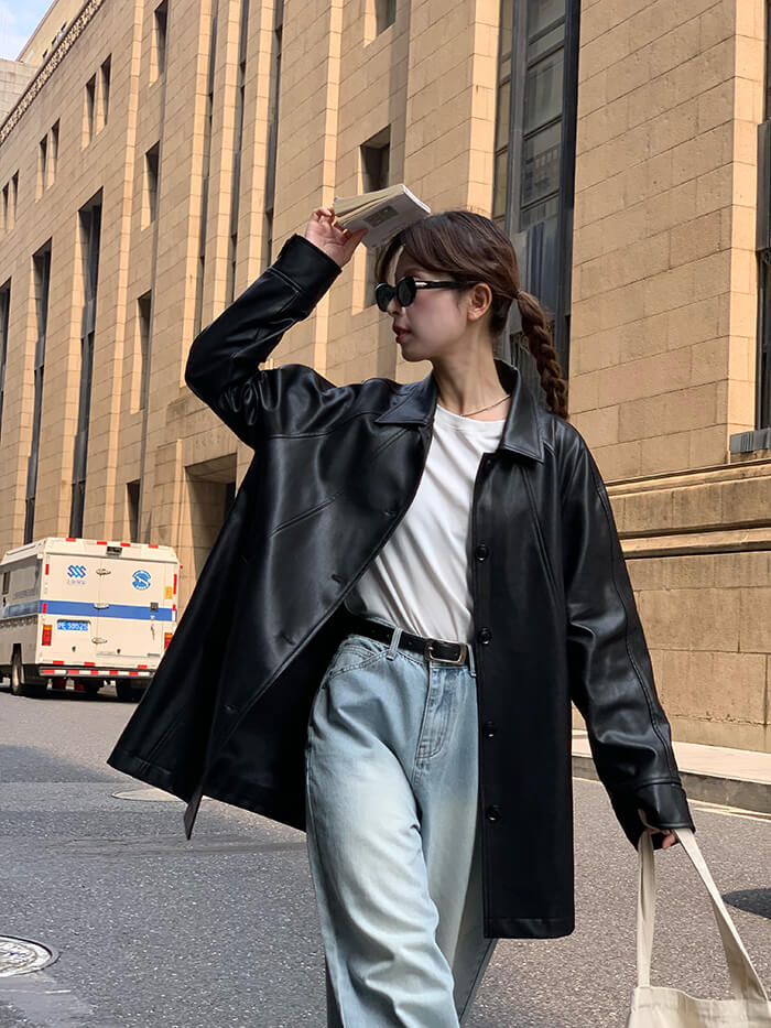 【2way】Vintage leather  car coat blackフロントポケット2