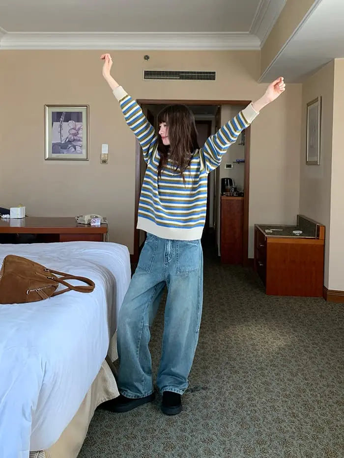 ボーダー配色 Vネック セーター LUMIYUMI