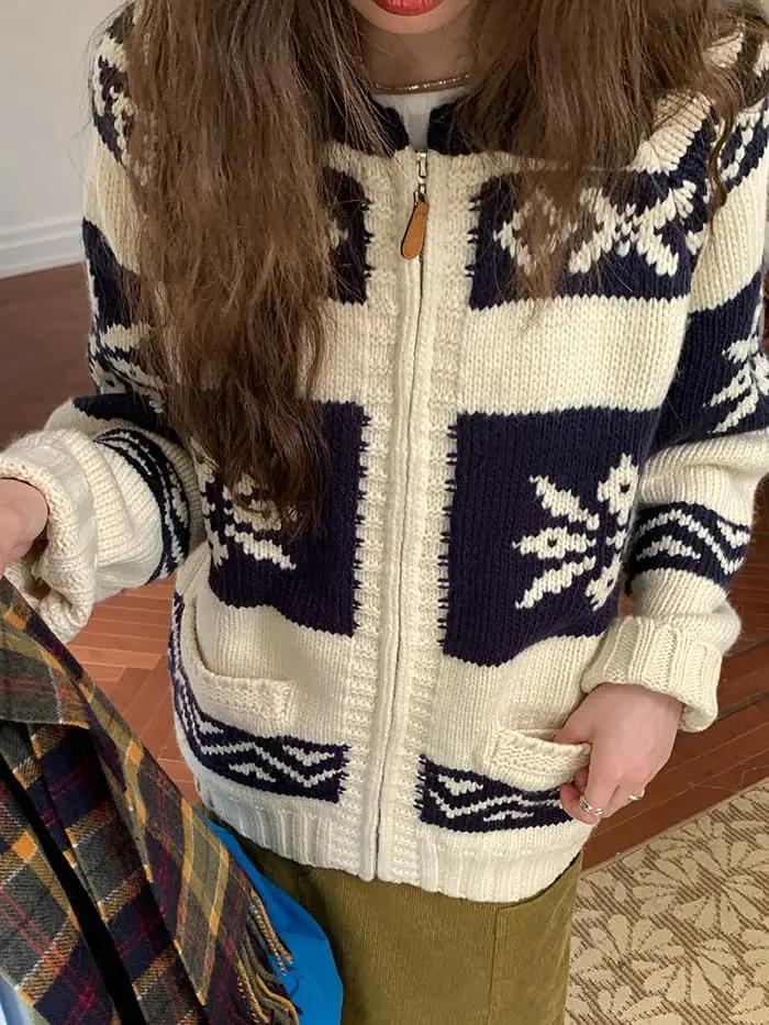 雪柄 ジャカード ZIP カーディガン LUMIYUMI