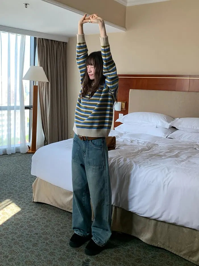 ボーダー配色 Vネック セーター LUMIYUMI