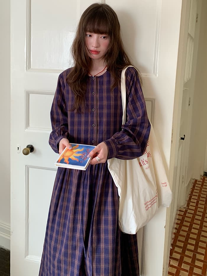 ゆったり Aライン 長袖 チェックワンピース LUMIYUMI