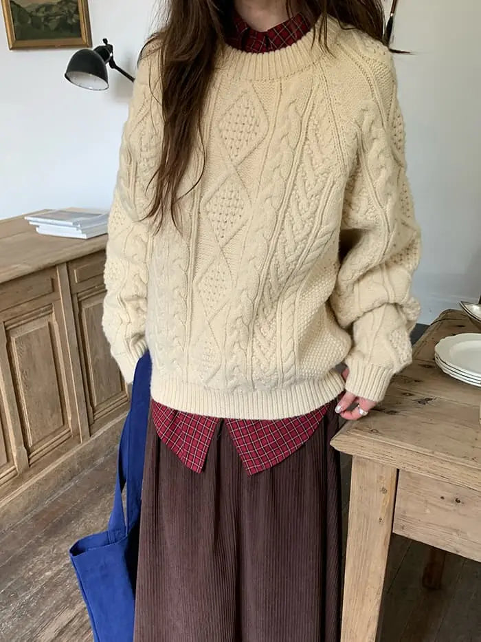 ケーブル編み クルーネック 厚手セーター LUMIYUMI