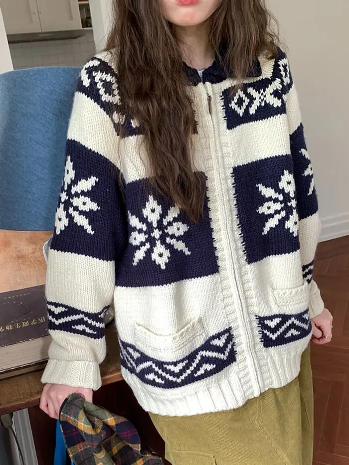 雪柄 ジャカード ZIP カーディガン LUMIYUMI