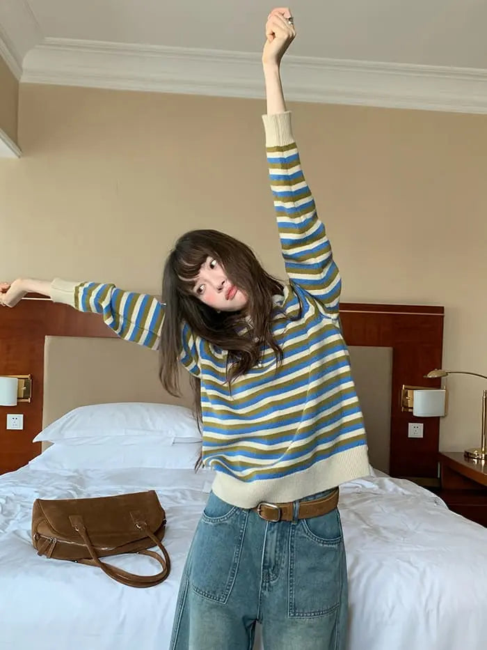 ボーダー配色 Vネック セーター LUMIYUMI