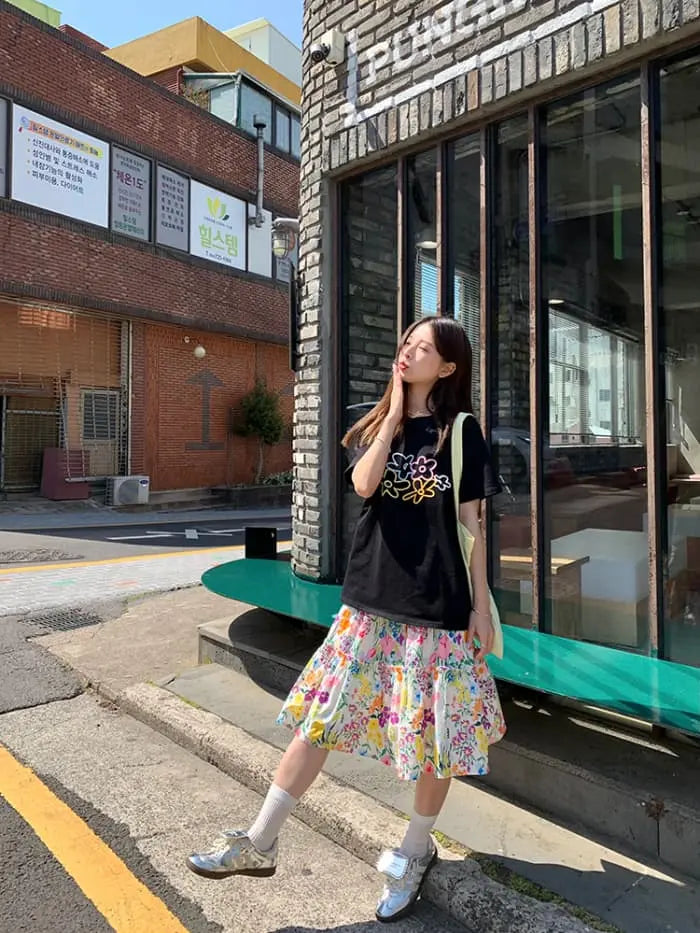 水彩風 花柄プリント フレアスカート LUMIYUMI