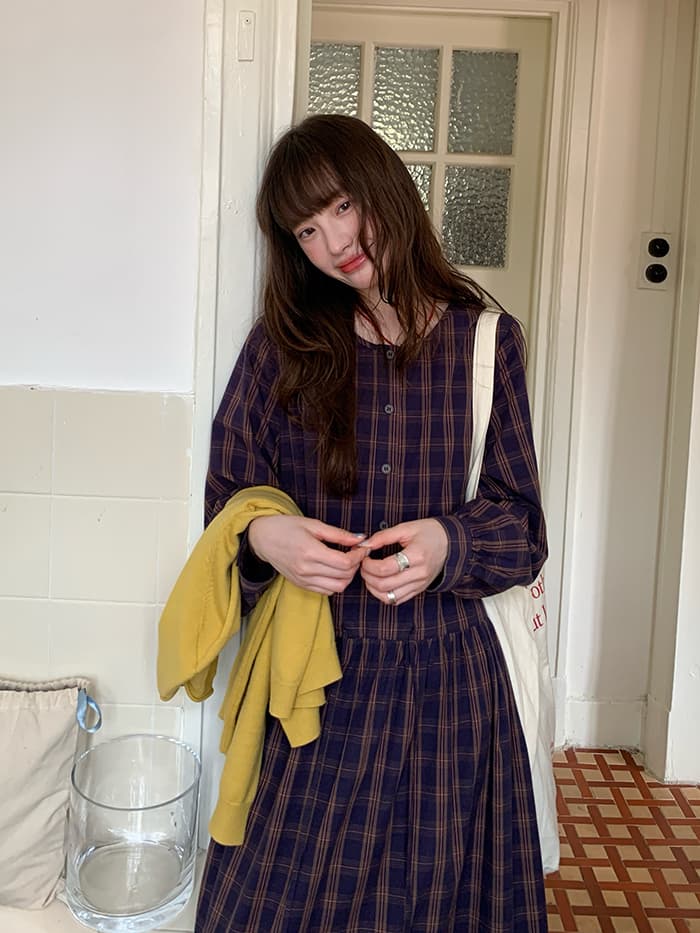 ゆったり Aライン 長袖 チェックワンピース LUMIYUMI