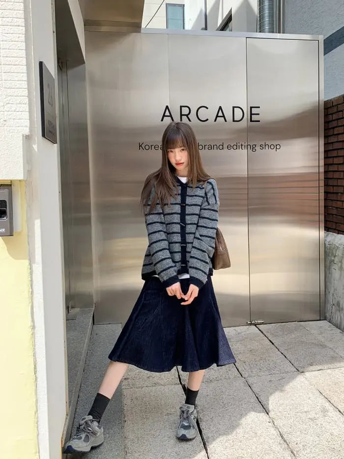 ゆったり フード付き ボーダー ニットカーディガン LUMIYUMI