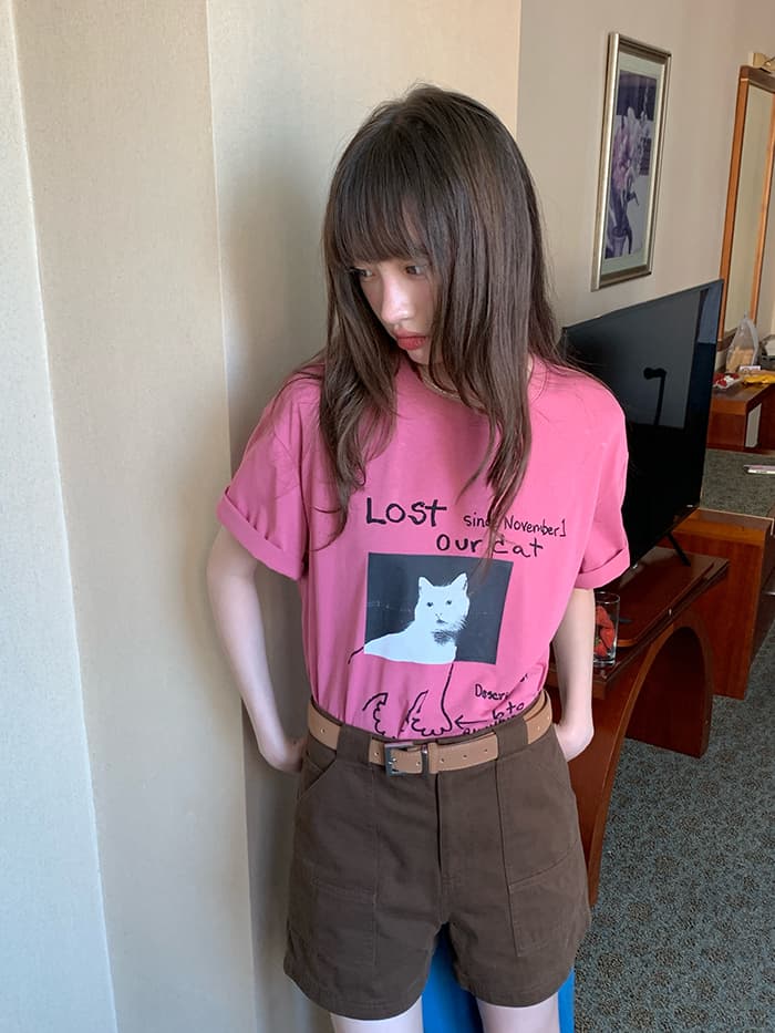 ネコプリント ラウンドネック ゆったりTシャツ LUMIYUMI