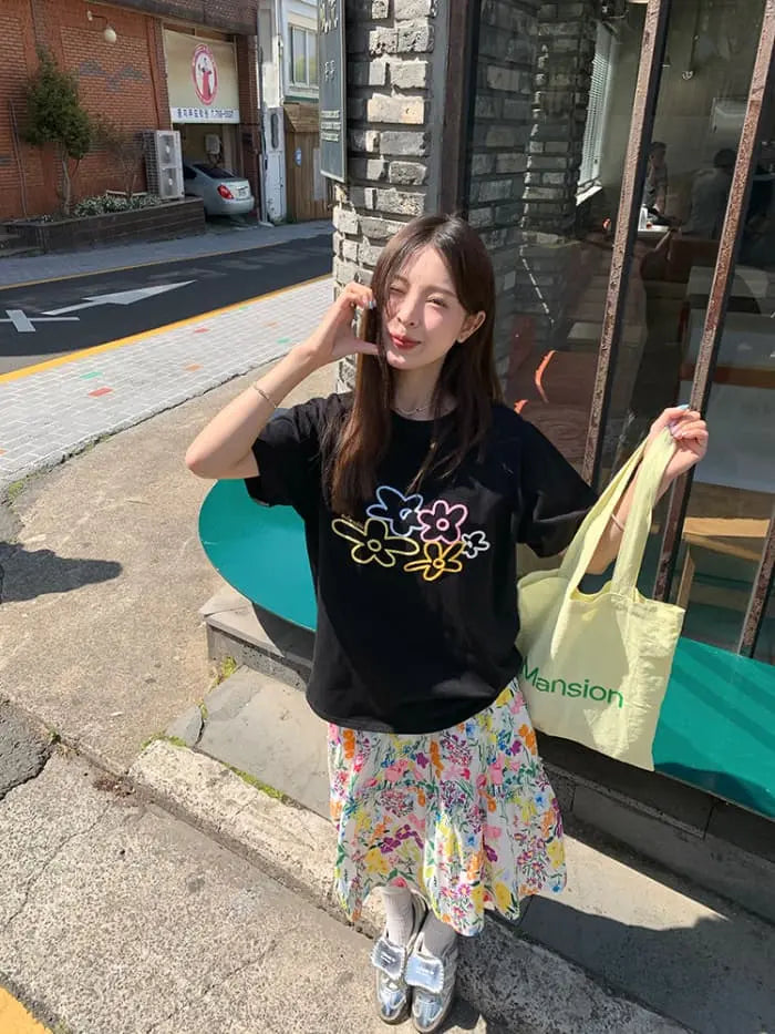 水彩風 花柄プリント フレアスカート LUMIYUMI