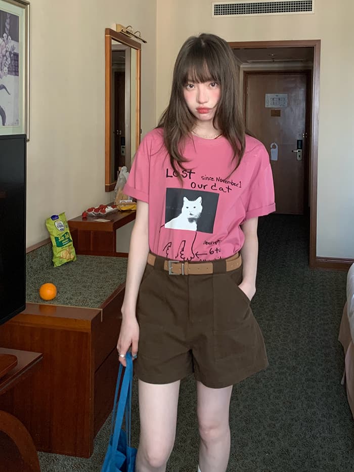 ネコプリント ラウンドネック ゆったりTシャツ LUMIYUMI
