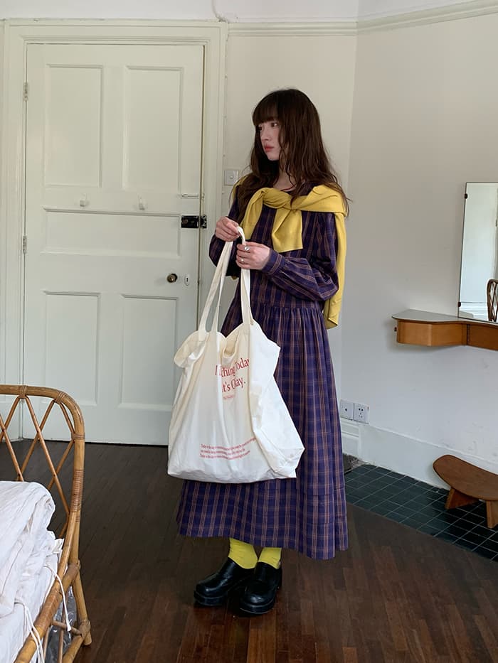 ゆったり Aライン 長袖 チェックワンピース LUMIYUMI