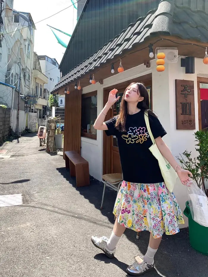 水彩風 花柄プリント フレアスカート LUMIYUMI