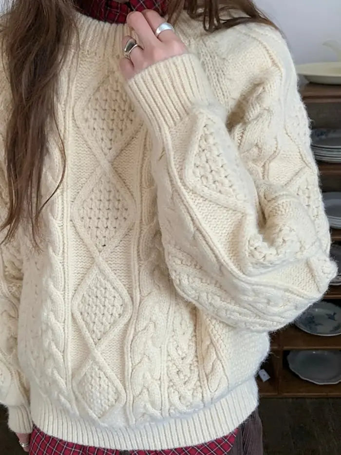 ケーブル編み クルーネック 厚手セーター LUMIYUMI