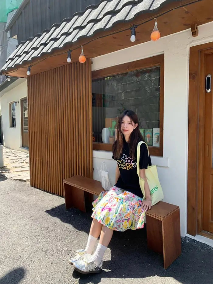 水彩風 花柄プリント フレアスカート LUMIYUMI