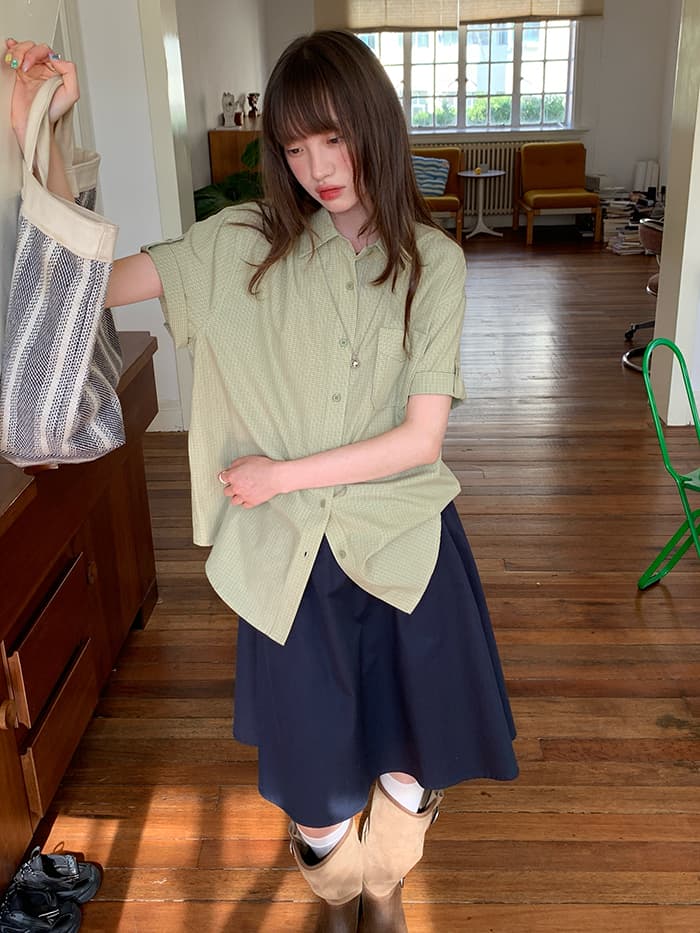 折り返し袖 チェック ゆったり 半袖シャツ LUMIYUMI