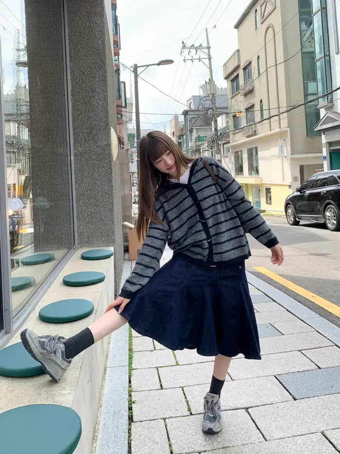 ゆったり フード付き ボーダー ニットカーディガン LUMIYUMI