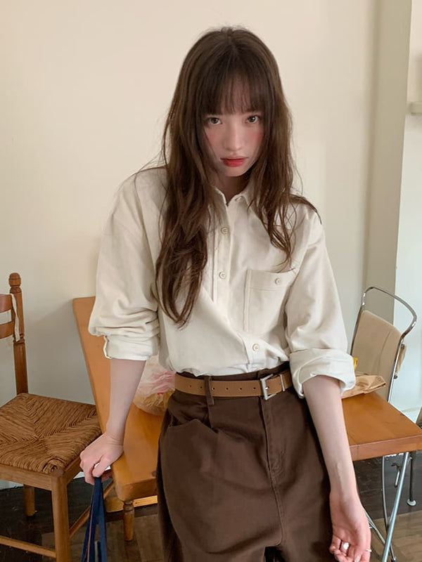 レトロ 無地 コーデュロイ 長袖シャツ