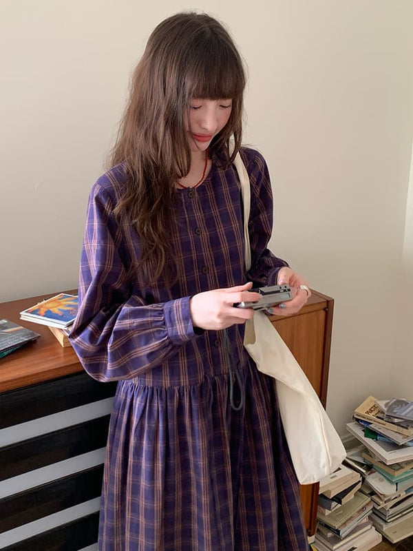 ゆったり Aライン 長袖 チェックワンピース LUMIYUMI