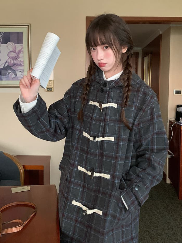 レトロ チェック柄 フードダッフルコート