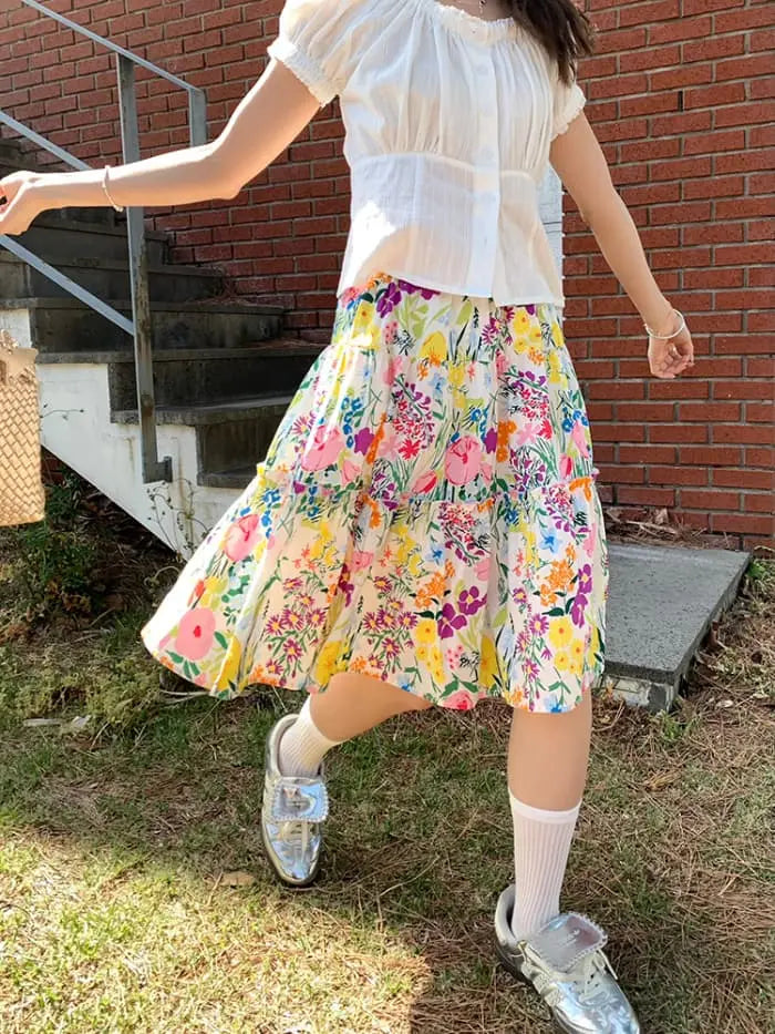 水彩風 花柄プリント フレアスカート LUMIYUMI