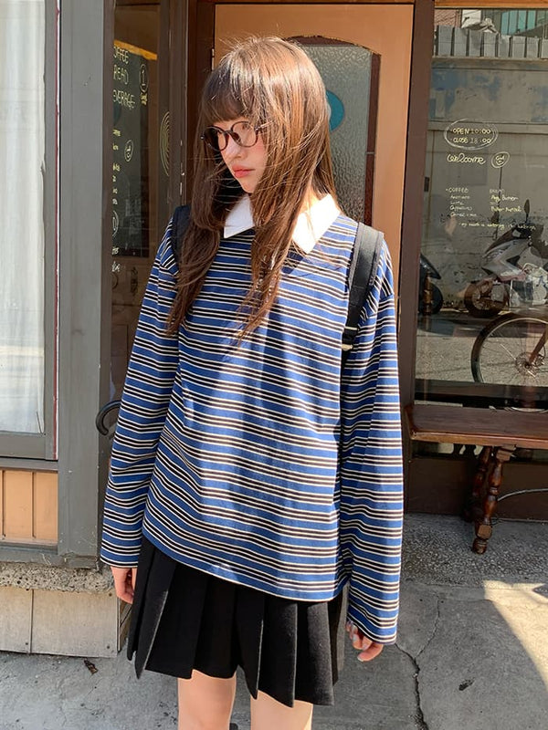 ボーダー柄 ポロ襟 長袖 Tシャツ LUMIYUMI