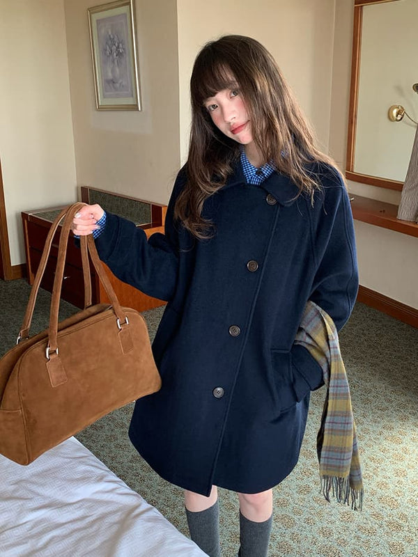 ウールブレンド 折り襟 ミドルコート
