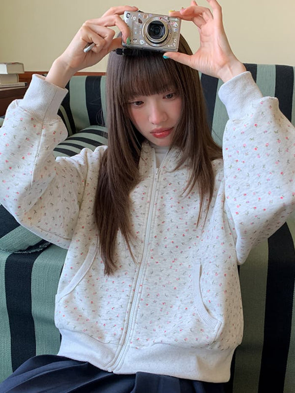 小花柄プリント ジップアップ パーカー