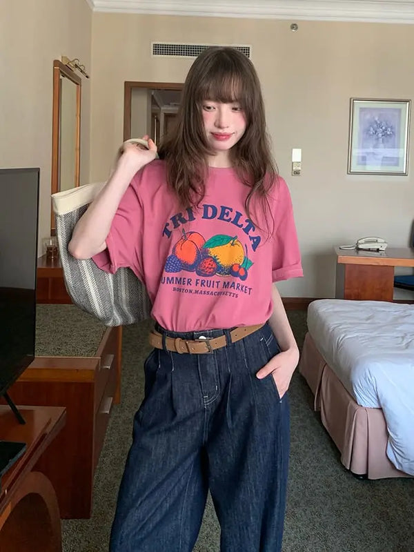 ゆったり フルーツプリント サマー半袖Tシャツ - LUMIYUMI