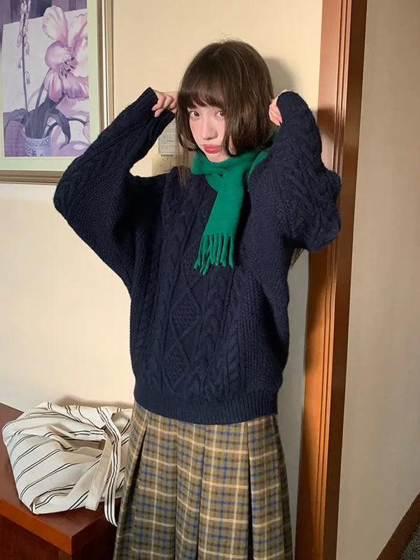 ケーブル編み クルーネック 厚手セーター LUMIYUMI