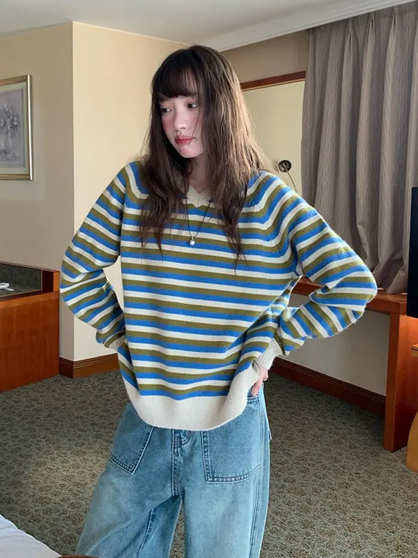 ボーダー配色 Vネック セーター LUMIYUMI