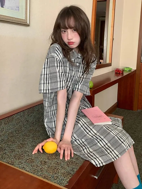 ゆったり 白黒チェック シャツワンピース - LUMIYUMI
