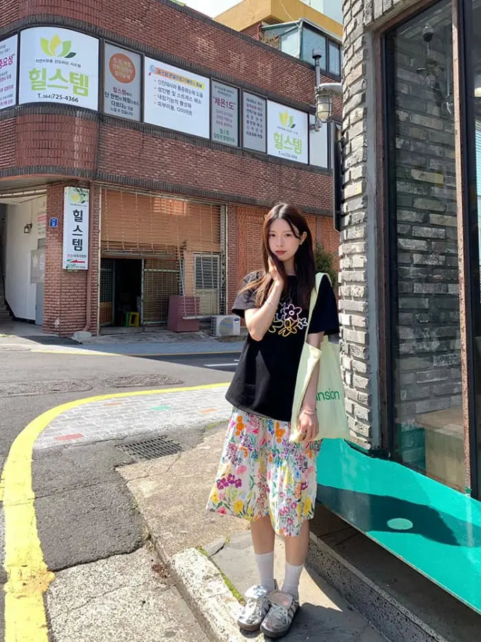 水彩風 花柄プリント フレアスカート LUMIYUMI