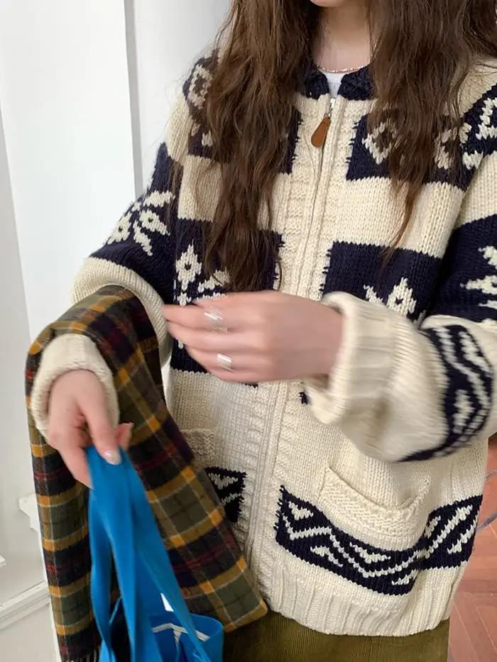 雪柄 ジャカード ZIP カーディガン LUMIYUMI