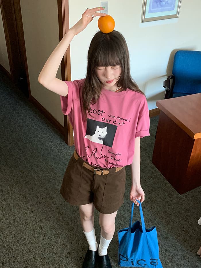 ネコプリント ラウンドネック ゆったりTシャツ LUMIYUMI