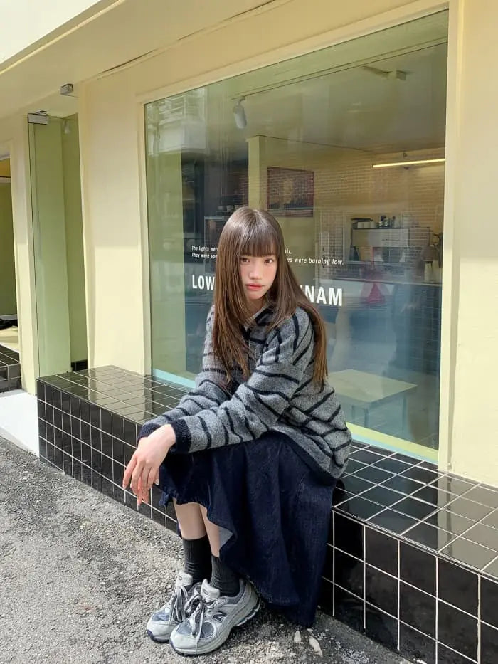 ゆったり フード付き ボーダー ニットカーディガン LUMIYUMI