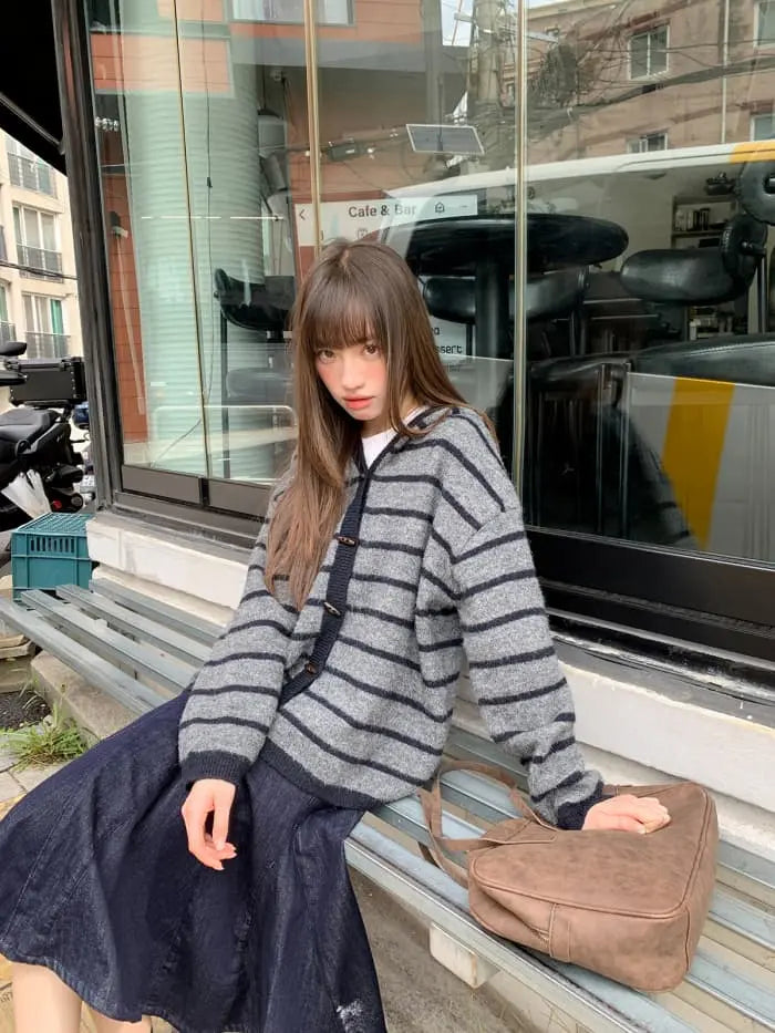 ゆったり フード付き ボーダー ニットカーディガン LUMIYUMI