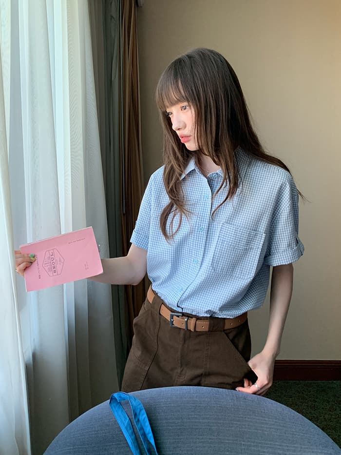 折り返し袖 チェック ゆったり 半袖シャツ LUMIYUMI