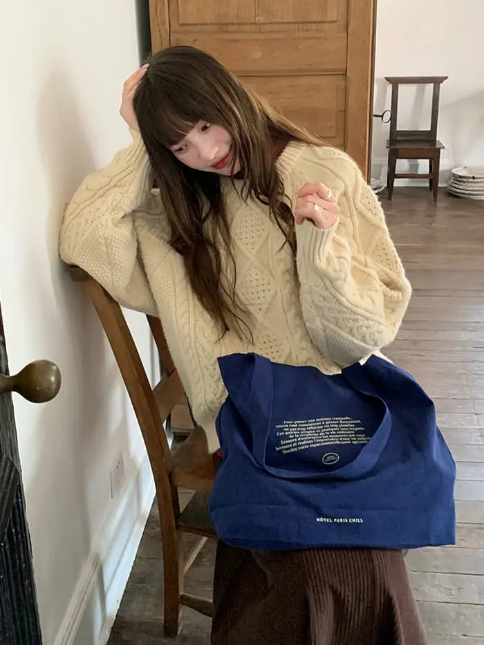 ケーブル編み クルーネック 厚手セーター LUMIYUMI