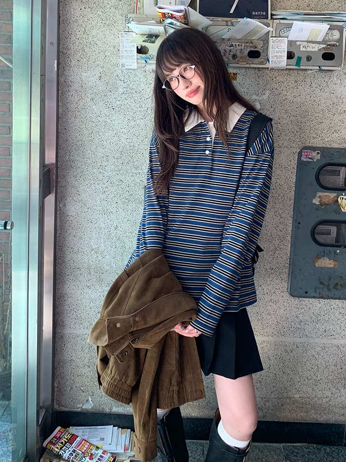 ボーダー柄 ポロ襟 長袖 Tシャツ LUMIYUMI